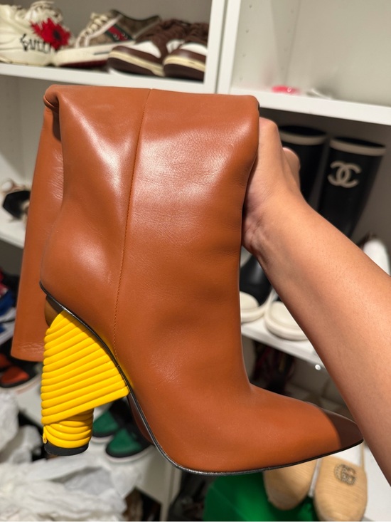 Balenciaga Shoes - Balenciaga Brown Leather Ankle Boots with Yellow Sculpted Heel